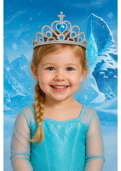 Frozen Elsa Tacı Mavi Kalpli Taşlı Prenses Kostüm Tacı Karlar Ülkesi Kız Çocuk Aksesuarı