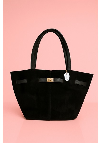 Kadın Siyah Süet Suni Deri, Astarlı, Çıtçıtlı, Kilit Detaylı El, Kol ve Omuz Çantası