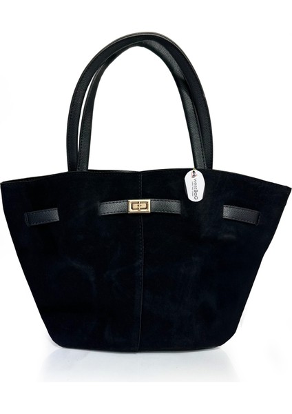 Kadın Siyah Süet Suni Deri, Astarlı, Çıtçıtlı, Kilit Detaylı El, Kol ve Omuz Çantası modelleri