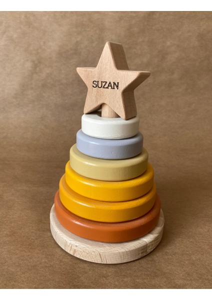 Isme Özel Ahşap Yıldız Halka Kule | Montessori Eğitici Oyuncak & Dekoratif Ahşap Hanoi