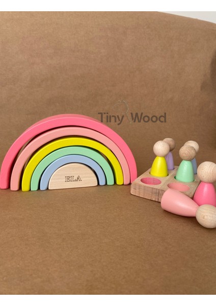 Isme Özel Waldorf 6 Parçalı Gökkuşağı ve 6’lı Peg Bebek Tabla Seti – Eğitici Ahşap Oyuncak