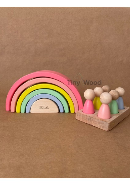 Isme Özel Waldorf 6 Parçalı Gökkuşağı ve 6’lı Peg Bebek Tabla Seti – Eğitici Ahşap Oyuncak indirimleri