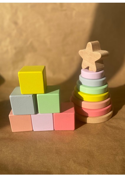 Waldorf Ahşap Yıldız Kule Hanoi ve 7'li Küp Seti Eğitsel Ahşap Oyuncak