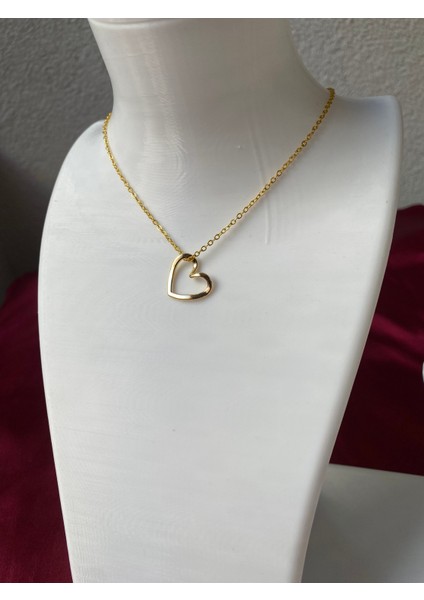 Kararmaz Çelik Sarkan Kalp Detaylı Gold Kolye