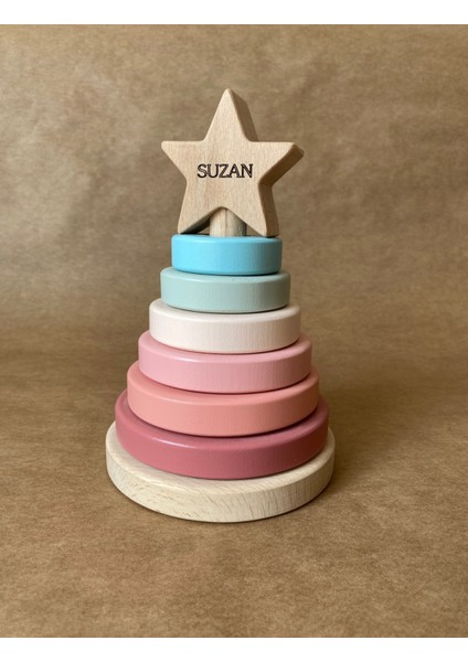 Isme Özel Ahşap Yıldız Halka Kule | Montessori Eğitici Oyuncak & Dekoratif Ahşap Hanoi