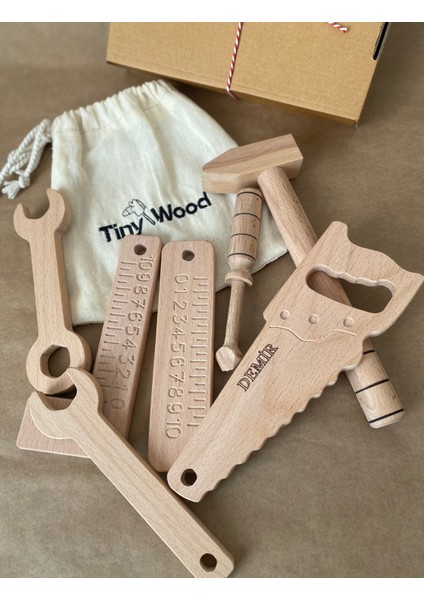 Isme Özel Ahşap Oyuncak Tamir Seti – Doğal Masif Ahşap Montessori Oyuncak
