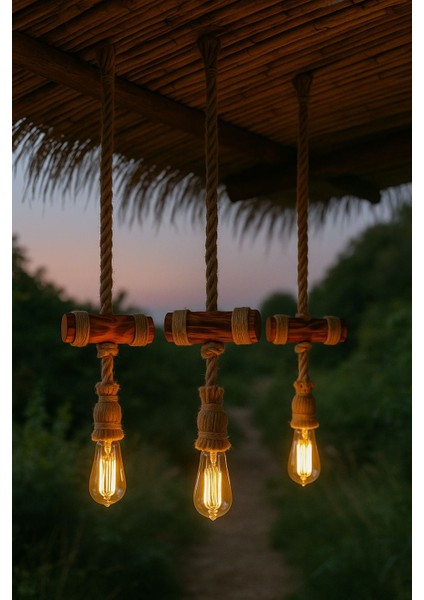 Jüt Sarkıt Halat Tekli Bohem Tarzı Ahşap Avize 3 Adet