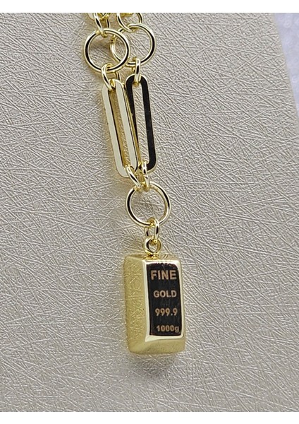 Külçe Model Zincir Detaylı Gold Renk Çelik Kolye ( Küçük Boy )