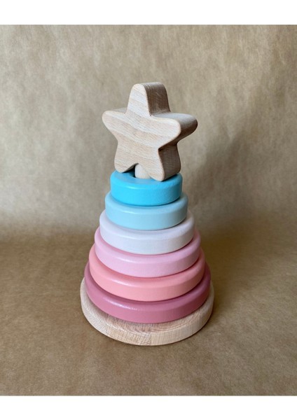 Waldorf Ahşap Yıldız Kule Ahşap Hanoi Kule Ekolojik Oyuncak Yeşil Pastel Pembe Renk