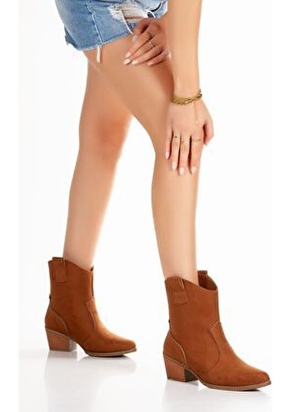 El Yapımı Sivri Taba Topuklu Süet Kadın Kısa Çekme Sade Klasik Kovboy Bot Bootie