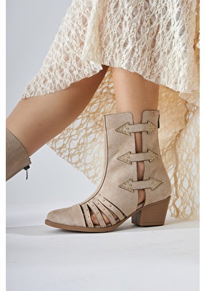 Mayra Bej Süet Troklu Arkadan Fermuarlı Kadın Western Yazlık Bot