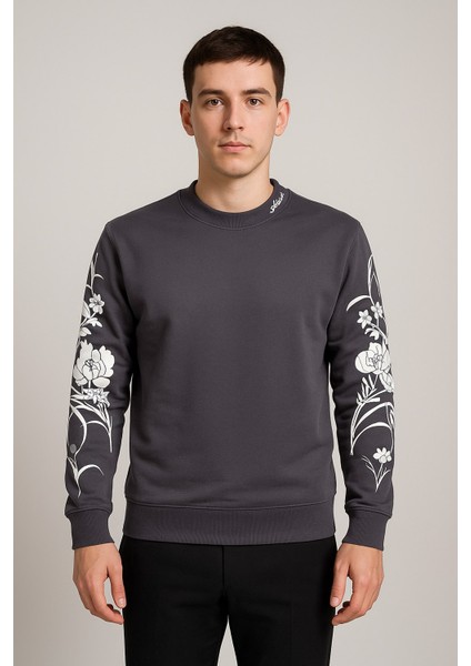 Unisex Erkek/kadın Yüksek Kalite Kol Baskılı Pamuklu Sıfır Yaka Sweatshirt