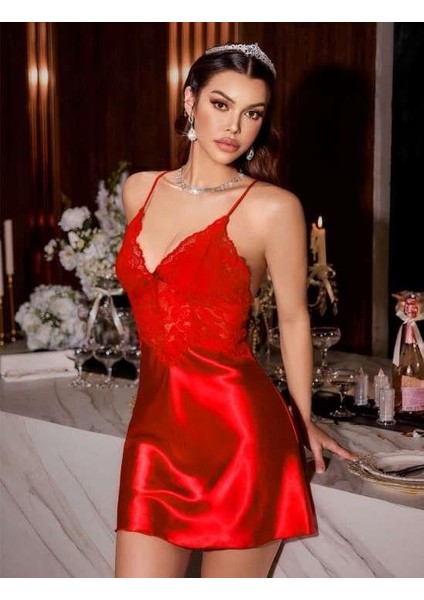 Arias Closet Kırmızı Dantel Işlemeli Ince Askılı Sırt Dekolteli Saten Mini Gecelik