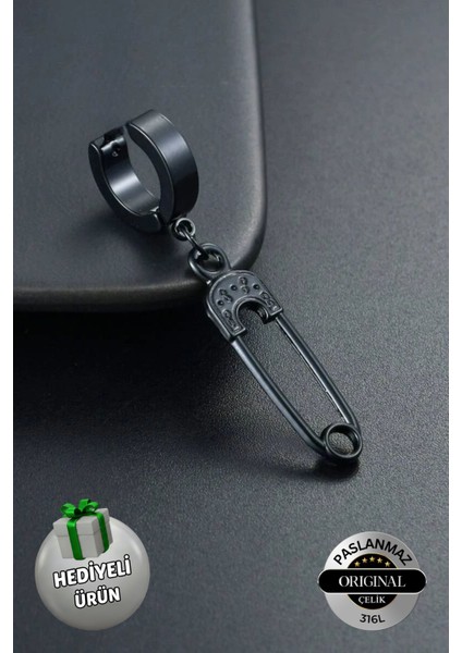 Sıkıştırmalı Deliksiz Çatallı Iğne Figürlü Sallantılı Erkek Çelik Küpe 1 Adet