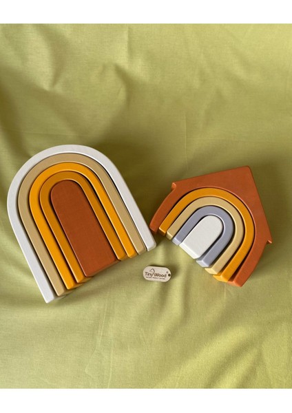 Waldorf Gökkuşağı Ev ve Ahşap U Şekli Waldorf Renkli Doğal Ahşap Eğitici Bebek Çocuk Oyuncak Seti