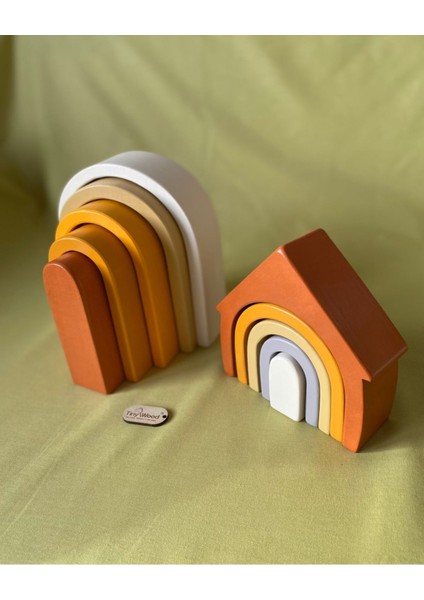 Waldorf Gökkuşağı Ev ve Ahşap U Şekli Waldorf Renkli Doğal Ahşap Eğitici Bebek Çocuk Oyuncak Seti indirimleri