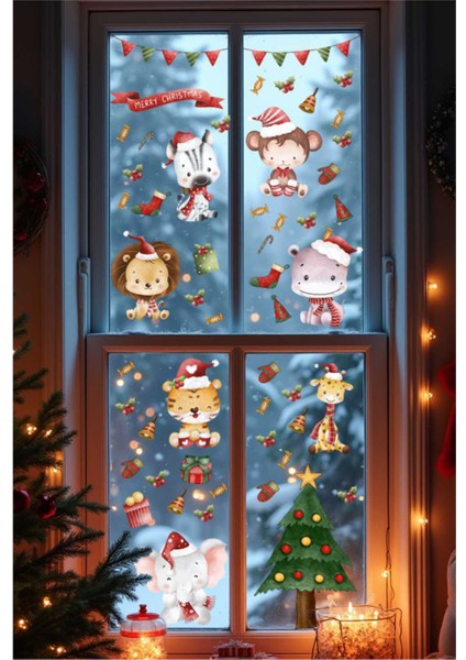 Yılbaşı Sticker Seti, Yılbaşı Pencere ve Duvar Sticker Seti, Sevimli Yılbaşı Hayvanları ve Yılbaşı Ağacı Sticker Seti