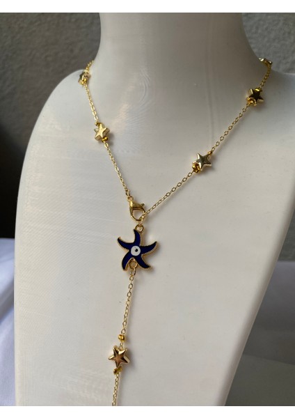 Kararmaz Çelik Lacivert Yıldız Detaylı Gold Y Kolye