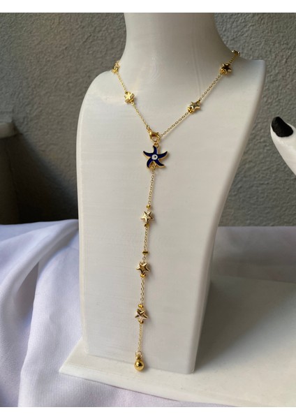 Kararmaz Çelik Lacivert Yıldız Detaylı Gold Y Kolye fiyatları