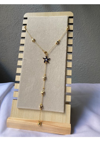 Kararmaz Çelik Lacivert Yıldız Detaylı Gold Y Kolye modelleri