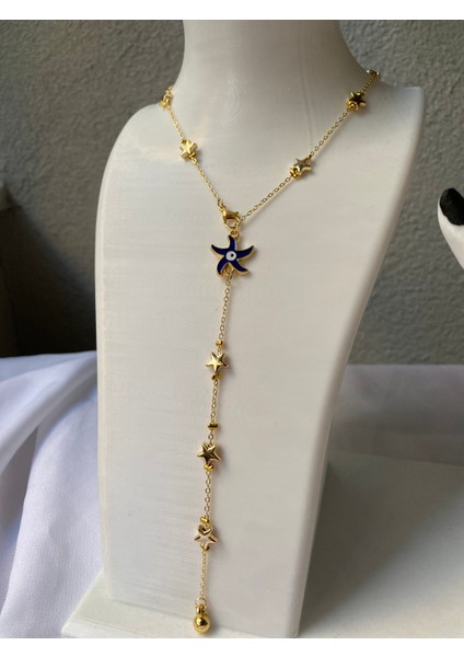Kararmaz Çelik Lacivert Yıldız Detaylı Gold Y Kolye fırsatları