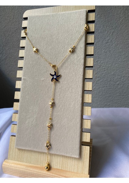 Kararmaz Çelik Lacivert Yıldız Detaylı Gold Y Kolye indirimleri