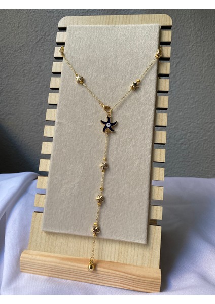 Kararmaz Çelik Lacivert Yıldız Detaylı Gold Y Kolye