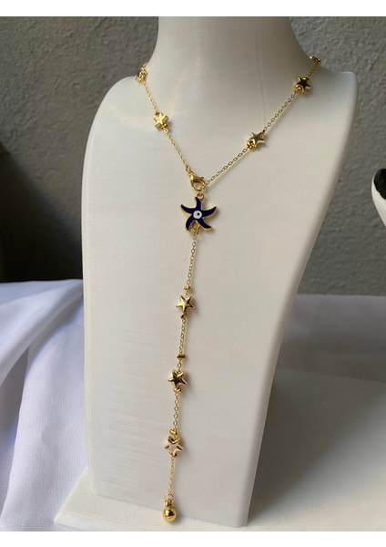 Kararmaz Çelik Lacivert Yıldız Detaylı Gold Y Kolye