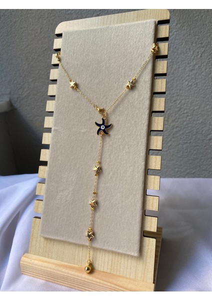 Kararmaz Çelik Lacivert Yıldız Detaylı Gold Y Kolye