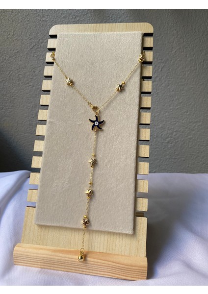 Kararmaz Çelik Lacivert Yıldız Detaylı Gold Y Kolye