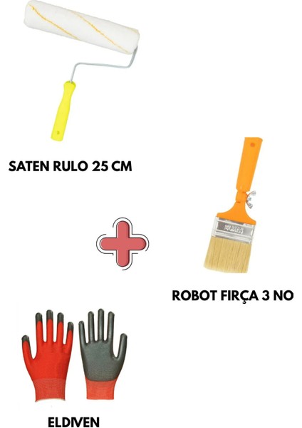 Boyacı Seti 6 - Saten Boya Rulosu 25 cm - Robot Fırça 3 No - Eldiven