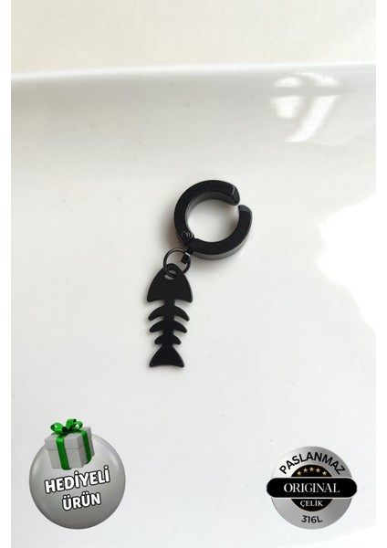 Sıkıştırmalı Deliksiz Trend Balık Kılçığı Model Sallantılı Erkek Çelik Küpe 1 Ad.