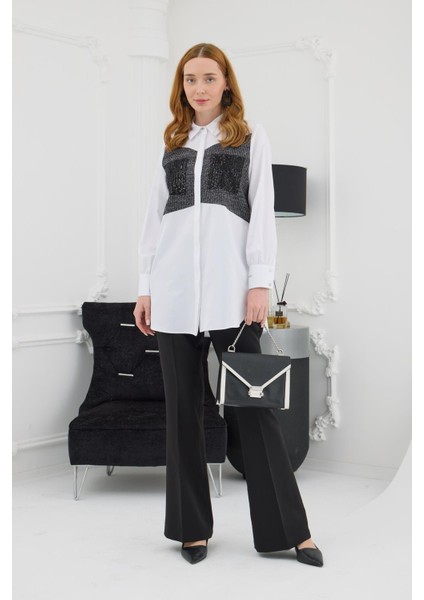 MB11.252 Moodbasic Triko Detaylı Payet Cepli Gömlek
