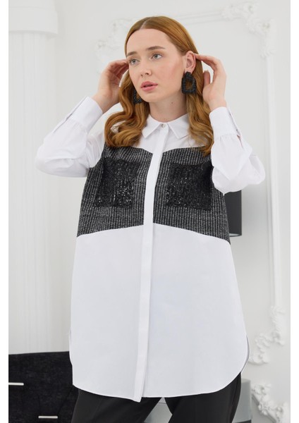MB11.252 Moodbasic Triko Detaylı Payet Cepli Gömlek modelleri