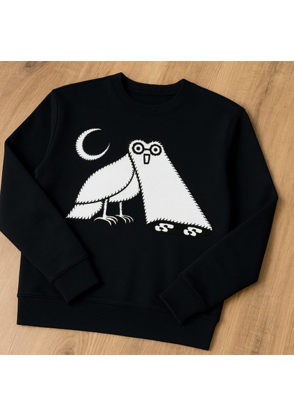 Unisex Erkek/kadın Yüksek Kalite Baykuş Nakışlı Pamuklu Kapüşonlu Sıfır Yaka Siyah Sweatshirt fırsatları