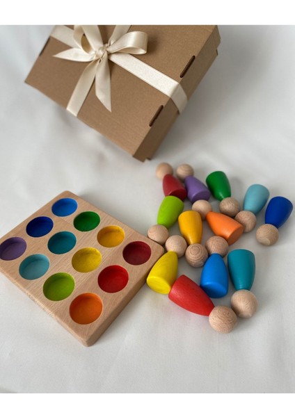 Waldorf Renkli Peg Bebek ve Tabla Eşleştirme 12 Li Insan Figür, Eğitici Bebek Oyuncak Ahşap Oyuncak