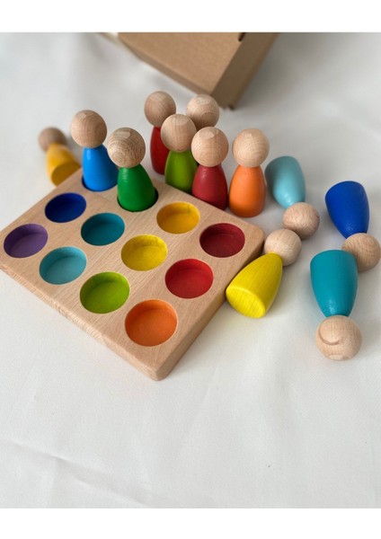 Waldorf Renkli Peg Bebek ve Tabla Eşleştirme 12 Li Insan Figür, Eğitici Bebek Oyuncak Ahşap Oyuncak fiyatları