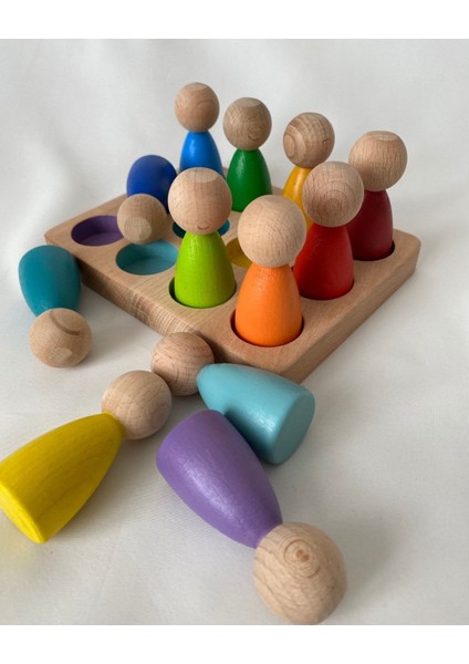 Waldorf Renkli Peg Bebek ve Tabla Eşleştirme 12 Li Insan Figür, Eğitici Bebek Oyuncak Ahşap Oyuncak modelleri