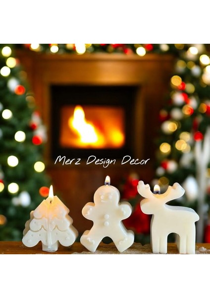 Yılbaşı Yeni Yıl Üçlü Geyik, Kurabiye Adam, Çam Ağacı %100 Doğal Vegan Soya Wax Mum Seti fiyatları