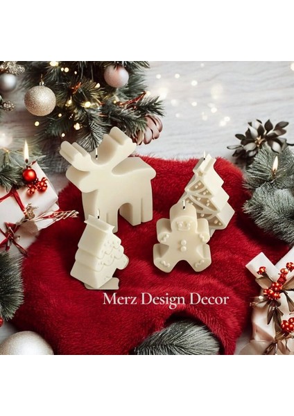 Yılbaşı Yeni Yıl Üçlü Geyik, Kurabiye Adam, Çam Ağacı %100 Doğal Vegan Soya Wax Mum Seti modelleri