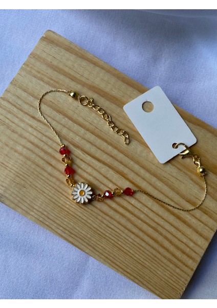 Gold Kırmızı Taşlı Papatya Detaylı Bileklik