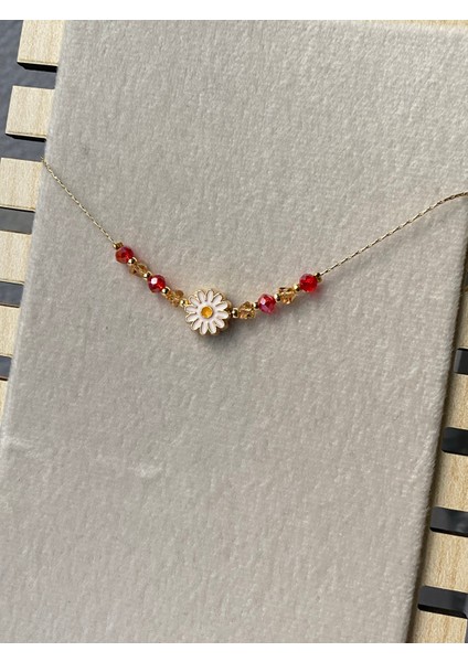 Gold Kırmızı Taşlı Papatya Detaylı Bileklik fiyatları