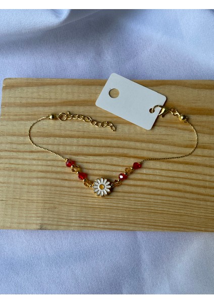 Gold Kırmızı Taşlı Papatya Detaylı Bileklik indirimleri