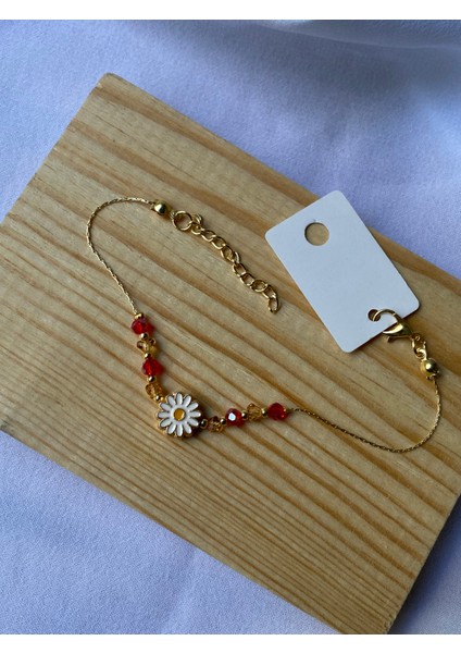 Gold Kırmızı Taşlı Papatya Detaylı Bileklik