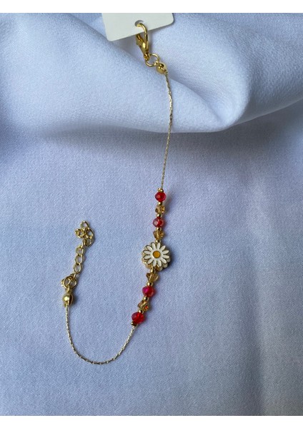Gold Kırmızı Taşlı Papatya Detaylı Bileklik