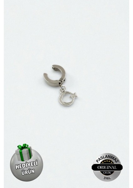 Sıkıştırmalı Deliksiz Ay Yıldız Figürlü Sallantılı Erkek Çelik Küpe 1 Adet