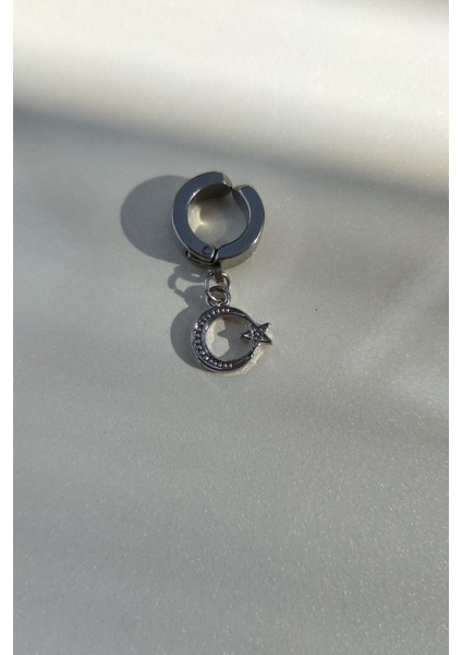 Sıkıştırmalı Deliksiz Ay Yıldız Figürlü Sallantılı Erkek Çelik Küpe 1 Adet fırsatları