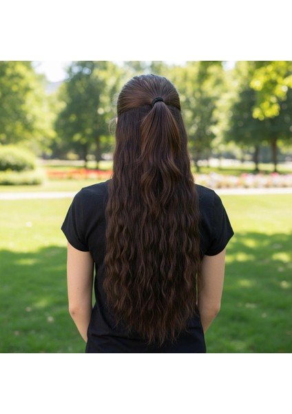 Fiber Sentetik Kabarık Dalgalı Yarım Ay + 2 Yan Çıt Çıt - Koyu Kahve