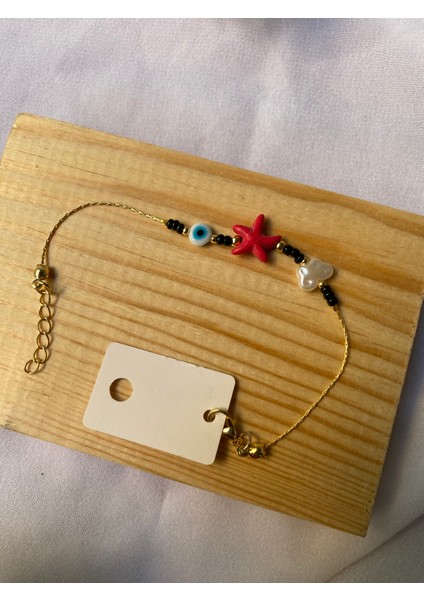 Gold Siyah Taşlı Pembe Deniz Yıldızlı Bileklik