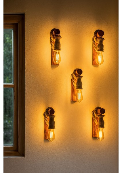 Doğal Halatlı Ahşap Duvar Apliği Bohem Tarzı Kafe Ofis Balkon Dekoratif Aydınlatma 5 Adet